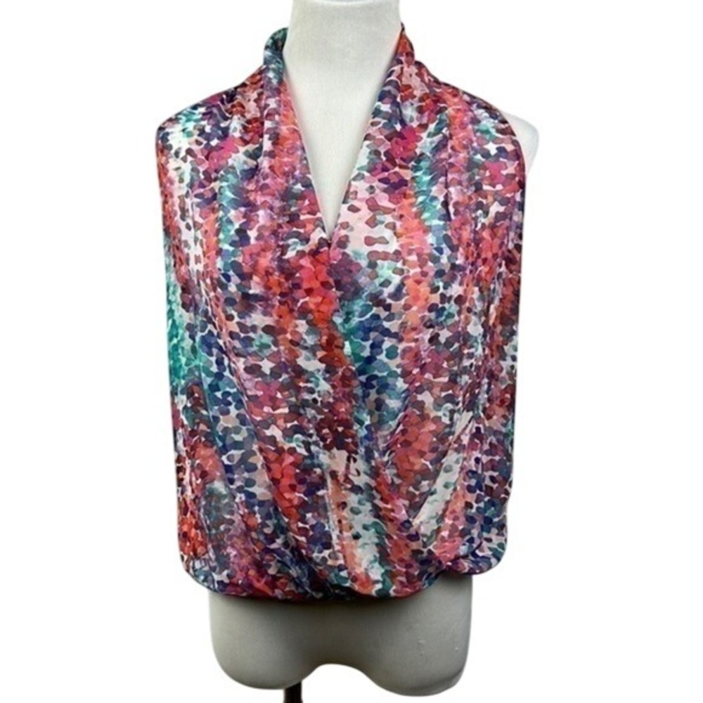 Bisou Bisou‎ Women's XS Sleeveless Draped Surplice Blouse Multi Watercolor Dot